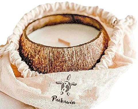 PACKAWIN | Vela Ecológica Vegana de Coco | Hecha a Mano con Mecha de Madera | Compuesta de Cera Natural de Soja en la Cáscara de Coco. 45 Horas de Duración (300 g)