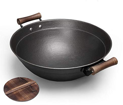 ZXFDMSWJ Sartén Wok De Hierro Fundido Wok Grande Wok De Fondo Redondo De Doble Oreja A La Antigua Wok Sin Revestimiento Doméstico Wok De Hierro Fundido Engrosado,PhotoColor-34CM