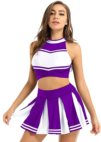 FEESHOW Uniforme de Pom-Pom Girl Femme Robe de Danse Cheerleading Gymnastique Mini Débardeur Court Gilet Sans Manche Mini Jupe Plisée Ensemble Tenue High School Violet S