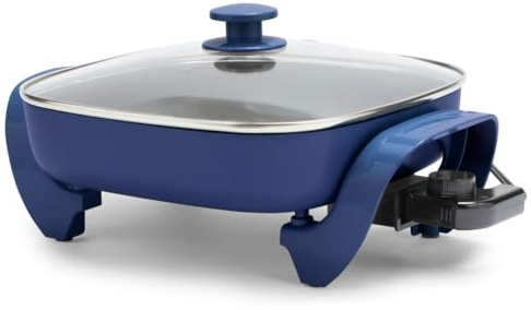 GreenLife 12 5QT Square Electric Skillet, Glass Vented Lid, Ceramic PFAS-Free Nonstick Coated Interior, Adjustable Temperature Control, Cool Touch Handles, Quick Even Heating, Scratch Resistant, Blue