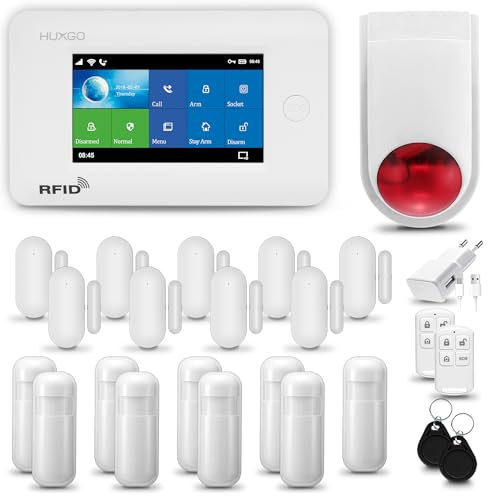 HUXGO® HXA006 Alarmanlage Haus WiFi + GSM mit Funk Sirene | Alarmanlage Wohnung mit App. TUYA | Alarm System mit 9X Bewegungsmelder, 9X Tür- Fenstersensor| Wohnmobil Alarmanlage