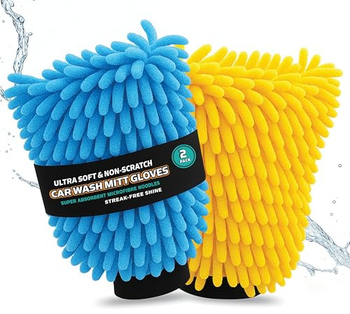 DoitEasy Microfiber Car Wash Mitt, Pack of 2, Blue & Yellow, Deluxe Microfiber Car Wash Drying Mitts, Super Absorbent Cleaning Gloves for Washing Vehicle and Motorcycles, Lint-Free, Machine Washable