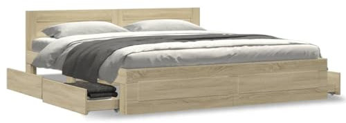 Homgoday Bettgestell mit Kopfteil Schubladenbett Bettrahmen Holzbett mit Schubladen Doppelbett/Einzelbett Stauraumbett für Schlafzimmer Gästezimmer Sonoma-Eiche 180x200 cm Holzwerkstoff