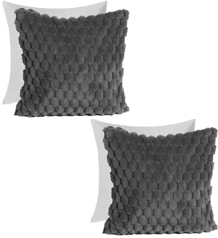 OHS Faux Fur Waffle Cushions with Covers Included, Throw Pillow Filler Cushion Inserts Sofa Seat Cushions Textured Soft Comfy Living Room Scatter Cushion Pads, Pack of 2 - Charcoal Grey