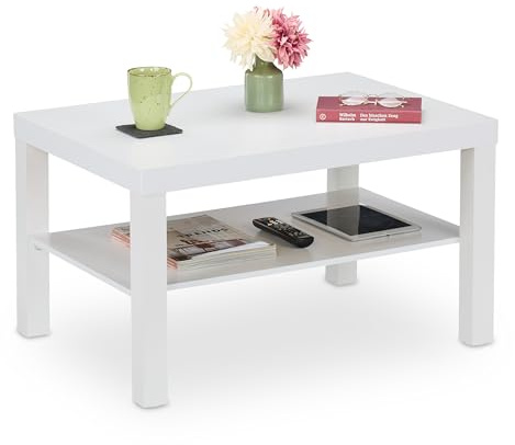 Relaxdays Soffbord med hylla, H x B x D: 45 x 79 x 55 cm, förvaringsutrymme, MDF, vardagsrum, rektangulärt soffbord, vitt