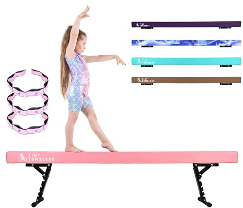 TINY TUMBLERS Gymnastics Beam For Kids - Advanced Adjustable Gymnastics Equipment For Children at Home - High and Low Beam - Faux Suede, Five Height Levels - Flexibility Strap Included