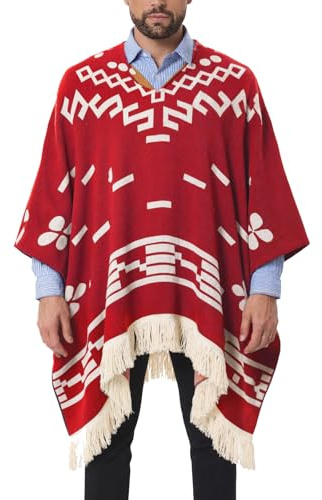 JXVX Alpaca Wool Poncho mexican ponchos for men Spaghetti Western Hippie Poncho Cowboy Pancho Costume Sweater Cloak (Red-2XLarge-3XLarge)