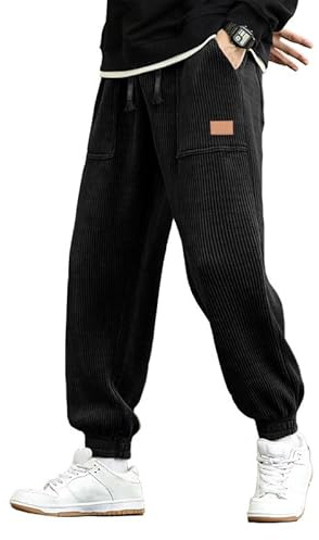 JMIERR Herren Corduroy Jogginghose Baggy Jogger Trainingshose Schwarz，XL