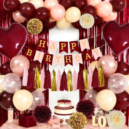 Décorations d'Anniversaire Bordeaux et Rose Doré pour Femmes – Ballons, Bannière, Rideau à Franges, Pompons et Ballons en Foil Cœur Inclus