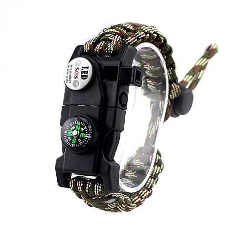 Adjustable Survival Bracelet, 7 Core Paracord 20 in 1 Emergency Sports Wristband Gear Kit with Waterproof LED SOS Light, Compass, Rescue Whistle, Fire Starter Multi-tool for Wilderness Adventure