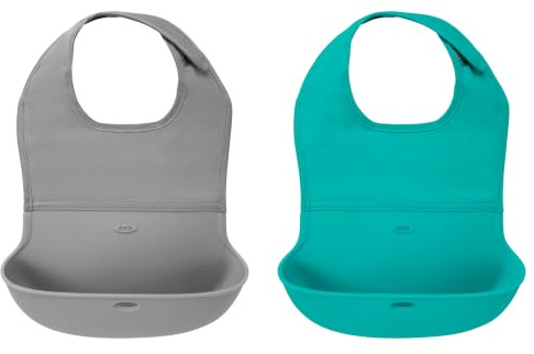 OXO Tot Babero enrollable de silicona impermeable de 2 piezas con cuello de tela de ajuste cómodo, gris/verde azulado