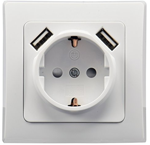 ChiliTec Steckdose Weiß mit USB Unterputz Schutzkontakt-Steckdose 250V / 16A USB-Port 5V / 2,1A Laden von Smartphone Tablet