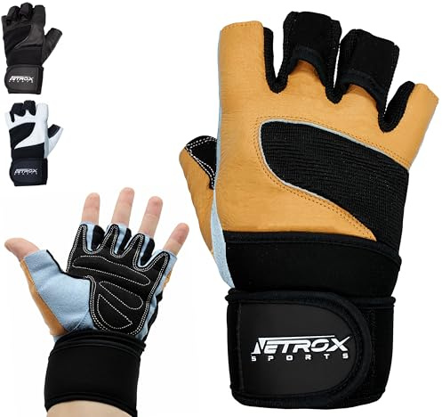 NetroxSports - Leder Trainingshandschuhe mit 40cm Handgelenkbandage für Krafttraining Kraftsport - Fitness Handschuhe Gym mit Handgelenkschutz Herren & Damen - Sporthandschuhe Fitnesshandschuhe