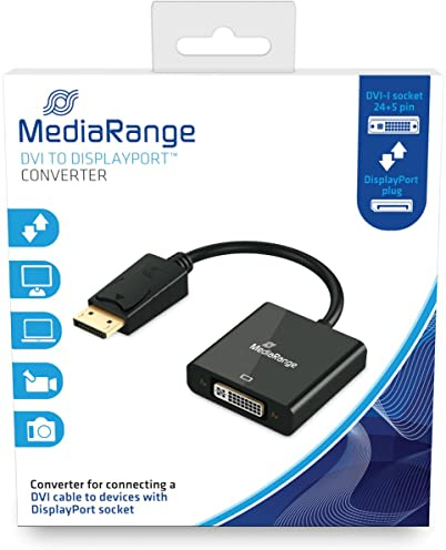 MediaRange DVI to DisplayPort™ converter, gold-plated contacts, DVI-I female (24+5-pin)/DP male, 15 cm, black