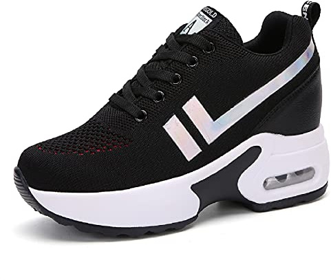 AONEGOLD Sneakers Wedges Trainers for Women Running Shoes Gym Fitness Walking Sports Lace Up Casual Shoes (Black Red,5 UK)