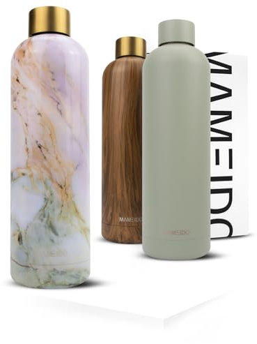 MAMEIDO Trinkflasche Edelstahl 500ml, auslaufsichere Thermosflasche, Kohlensäure geeignet, BPA frei, Isolierflasche 12h heiß & 24h kalt (Pear Marble Gold, 0,5l)