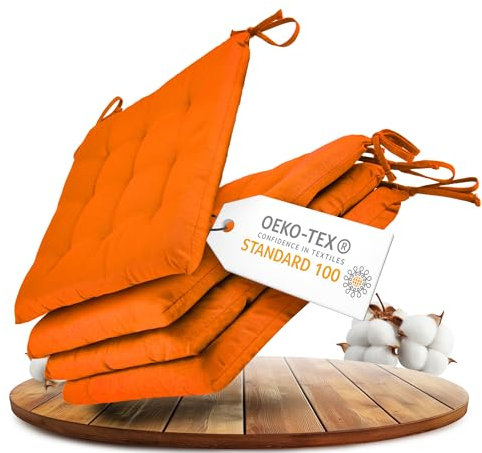 Gräfenstayn® Juego de 4 Cojines 40x40x3cm con Correas de sujeción para Interior y Exterior con Junta Oeko-Tex - (Naranja)