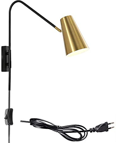 E27 Vintage Wandleuchte aus Metall mit Schalter, Industrie Bettlampe Wand-Leselampe mit Stecker und 1.8m Kabel, Wohnzimmer Wandstrahler 360° Schwenkbar Langer Arm, für Schlafzimmer Esszimmer,Gold