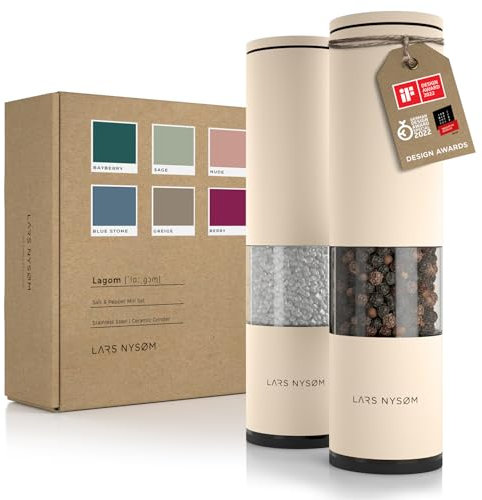 LARS NYSØM Salt and Pepper Grinder Set Manual, Stainless Steel Salt and Pepper Mills with Adjustable Ceramic Grinder I Design Spice Shakers (Almond Beige)