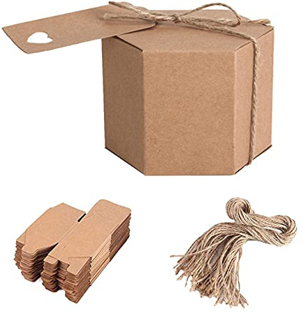 50 Stück Kraftpapier Box, Karton Geschenkboxen Braun, Vintage Kraft Geschenkboxen, Karton Faltschachtel Geschenkkarton, mit 50 Juteseilen und 50 Anhängern, Sechseckig, für Geschenke, Party