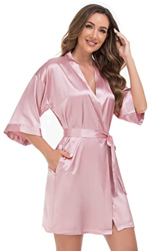 Voguemax Kimono corto da donna in raso di seta, accappatoio da sposa, damigelle, abiti da cerimonia, camicia da notte morbida, personalizzabile