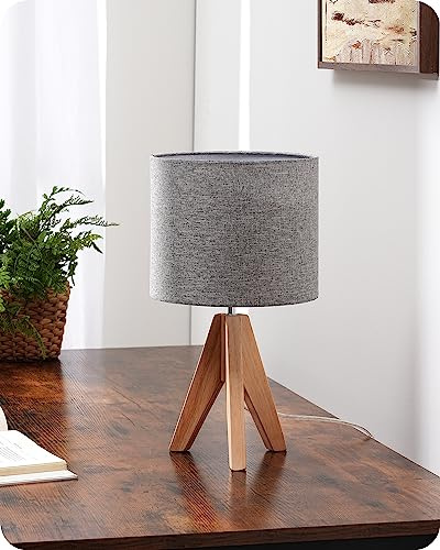 EDISHINE 36cm Wood Bedside Table Lamp, Tripod Desk Lamp with Grey Linen Lampshade, On-Off Switch, Desk Lamps for Reading, Bedroom, Living Room, Study, Office, E27 Base | Desk Lamp with On-Off Switch, Desk Lamps for Reading, Bedroom, Living Room, Study, Office, E27 Base, 4W LED bulb included