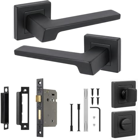Decoranddecor Spectra Matt Black Door Handles Internal with Bathroom Lock | Bathroom Door Handles with Lock, Internal Door Handles, Interior Door Handles, Handle Set, Door Handles Black, Lever on Rose