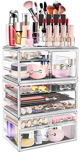 LINYAPRY Clear Acrylic Makeup Organiser Drawers, Stackable Cosmetic Display Box with 10 Drawers, Large Lipstick Storage Organizer for Makeup Brush Nail Polish Skincare Jewelry Vanity Bathroom Dresser