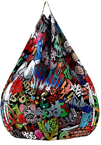 Treer Fodera per Pouf a Sacco, Senza Imbottitura, Poltrona a Sacco per Interni ed Esterni, Stampa Hip-Hop Graffiti Strada Colorato Fodera per Pouf a Pera per Adulti e Bambini (90x110cm,Stile A)