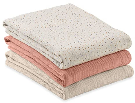 hauck 3 Musselintücher für Babys Cuddle N Clean, Spucktücher Pucktücher Stilltuch aus 100% weicher Baumwolle 80 x 80 cm, Atmungsaktiv und Leicht zu Reinigen (Beige Dots/ Cork/ Beige)