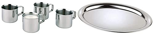 APS Milchkännchen 4er-Set, kleine Kännchen für Kaffeesahne/Milch, Sahnegießer & Serviertablett „Kaffeehaus“, klassisches Wiener Kaffeehaus Tablett, Edelstahl Tablett, 29 x 22 cm, 1 cm Höhe