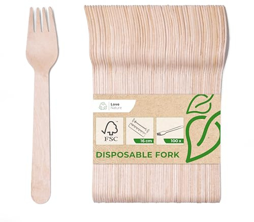 Love Nature Einwegbesteck Holzgabeln 100 Stück - Holzbesteck Einweggabeln | Party Besteck aus Birkenholz Umweltfreundlich