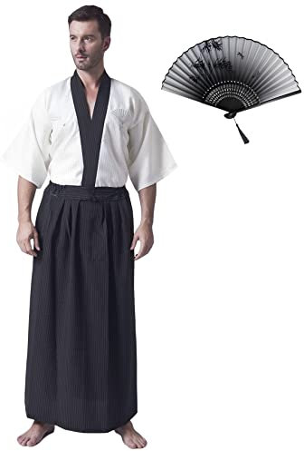 KRUIHAN Japanischer Kimono Männer Yukata Kimono Robe Japanische Traditionelle Samurai Uniform Cosplay Kostüm Japanischer Stil Kleidung Haori Jacke Top Hakama Rock Set,Einheitsgröße,Beige