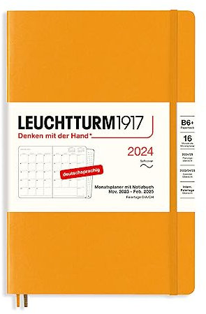 LEUCHTTURM1917 367580 Monatsplaner & Notizbuch Paperback (B6+) 2024, 16 Monate, Softcover, Rising Sun, Deutsch