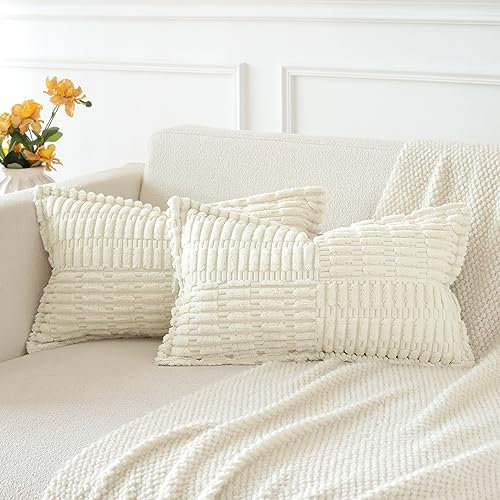 JOTOM Set of 2 Corduroy Soft Striped Cushion Covers with Splicing 30x50 cm Boho Decorative Throw Pillow Covers Lumbar Cushion Case Couch Pillowcases for Sofa Bed Home Decor 12x20 Inch (Cream White)