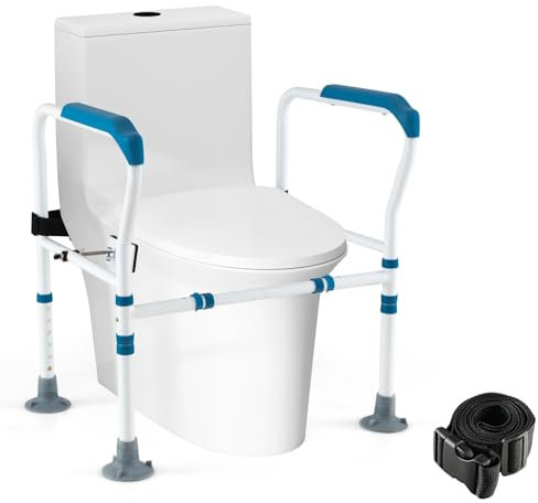 RELAX4LIFE Cadre de Sécurité pour Toilettes, Hauteur&Largeur Réglables, Rehausseur WC Adulte avec Accoudoirs, Pieds à Ventouse, Pince Rotative 360°, Barre d'Appui WC pour Âgé Handicapé Enceinte (Bleu)