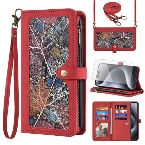 Phone Case for iPhone 15 Pro 6.1 inch Wallet Cover With Screen Protector and Crossbody Wrist Strap Leather Flip Pattern Zipper Credit Card Holder Cell iPhone15Pro 5G i i-Phone i15 iPhone15 15Pro Red
