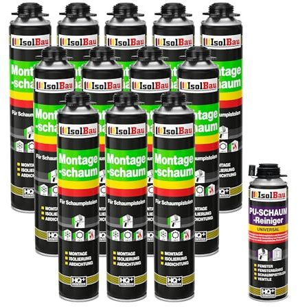 Isolbau Bauschaum-Set - Inkl. 12 x 1K Montageschaum B2 Pistolenschaum mit hervorragender Schall und Wärmedämmung (je 750 ml) & 1 x PU-Schaum-Reiniger (500 ml), Abdichten