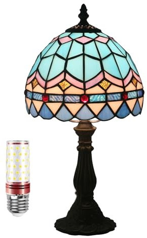 Uziqueif Blau Tiffany lampe, Tiffany Style Tischlampe 8 Zoll, Vintage Buntglas Lampen, Tischlampen Für Wohnzimmer Schlafzimmer Nachttischlampe Büro, Metallsockel, Mediterraner Stil