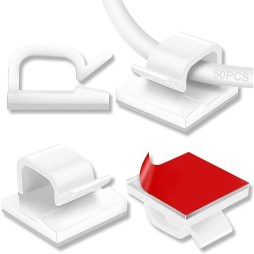 GGUFAY 50 Piezas Clips de Cable de Exterior, Adhesivo 3M Organizador de Cables Autoadhesivo, Adhesiva Clips Decorativos de Luces para Cable de USB, Cargador, Fotos, Navidad y Luces de Hadas