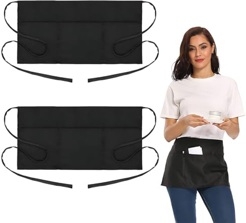 2 Stück Kellnerschürze, 30 x 60cm Kellner Schürze Schwarz Taillenschürze Vorbinder Schürzen mit 3 Taschen Unisex für Cafe Küche Restaurant Bar kellnerschürze kittelschürze damen küchenschürze