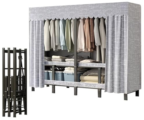 Tragbarer Kleiderschrank mit Stoffbezug, Stoffschrank mit Kleiderstange und Rollen, Faltbarer Kleiderschrank zum Aufhängen von Kleidung, Max 907kg, für Schlafzimmer, Wohnzimmer (hazy gray, 190cm)