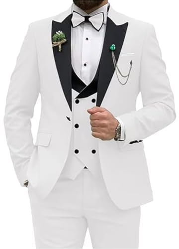 Herrkostym i 3 delar, kostym med åtsittande passform för bröllopsfest, bal, kostym med en knapp, set med jacka, väst och byxor, Vitt, L