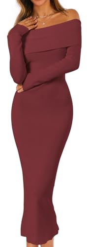 MEROKEETY Robe Pull Moulante à Manches Longues et épaules dénudées pour Femme, Bordeaux, Taille S