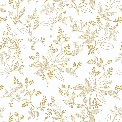 Timeet Papier peint autocollant - Motif fleurs blanches - 44 cm x 3 m - Feuilles dorées - Film adhésif pour meubles - Film autocollant décoratif - En vinyle imperméable - Pour meubles, mur