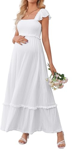 OUGES Womens 2026 Summer Maternity Maxi Dresses for Photoshoot Ruffle Sleeve Square Neck Wedding Guest Baby Shower Long Dress Flowy Pregnancy Must Have Maternity Clothes (White,L)
