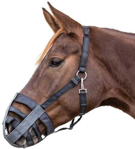 Marengos - Maulkorb Textil – Fressbremse Pferd & Pony – zur Kontrolle von Grasverzehr & bei Krankheit – gefüttert & stufenlos einstellbar – Fressschutz in Schwarz/Grau für Shetty
