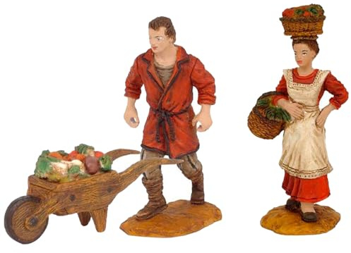 Acan Tradineur - Set de 2 Figuras para belén: Carretillero y Mujer con Cesta - Fabricado en Marmolina - Adorno Decorativo para nacimientos - Altura Aprox.: 10 cm