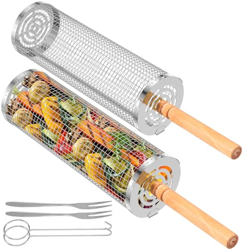 2 Stück Nestendes Rollendes Grillkorb Set mit Holzgriff Zylindrischer Grillkorb Edelstahl Rolling Grilling Basket Outdoor BBQ Grillzubehör für Außengrill Pommes Fleisch Fisch Garnelen Vegetables