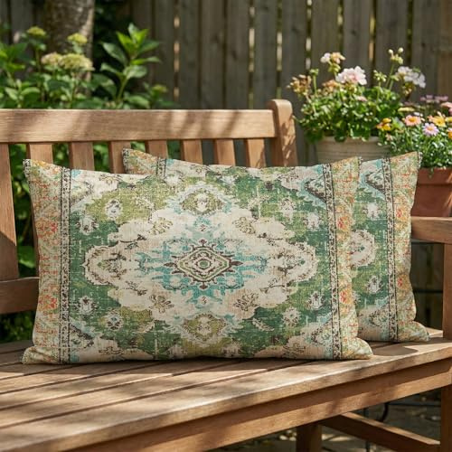 Vorysum Outdoor Kissen Wetterfest 30x50 cm Boho Dekokissen Kissenbezüge Vintage Kissenhülle Grün Kissen Sommer Sofakissen für Wohnzimmer Schlafzimmer Garten Dekorative 2er Set